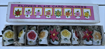 Vintage Porcelain Flower Place Card Photo Holder Set Cmmodore Red