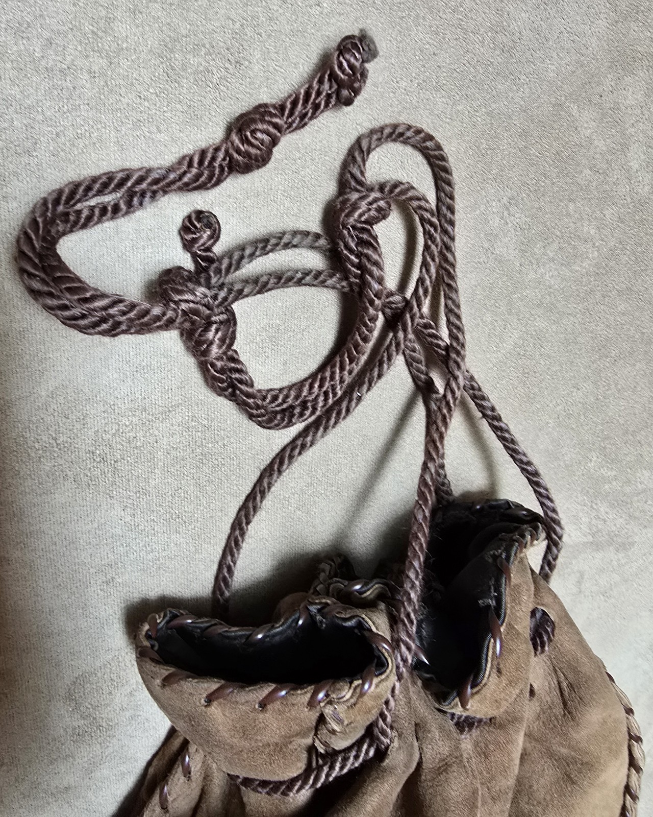 9" Vintage Handmade Leather Pull String Fringe Ha… - image 7