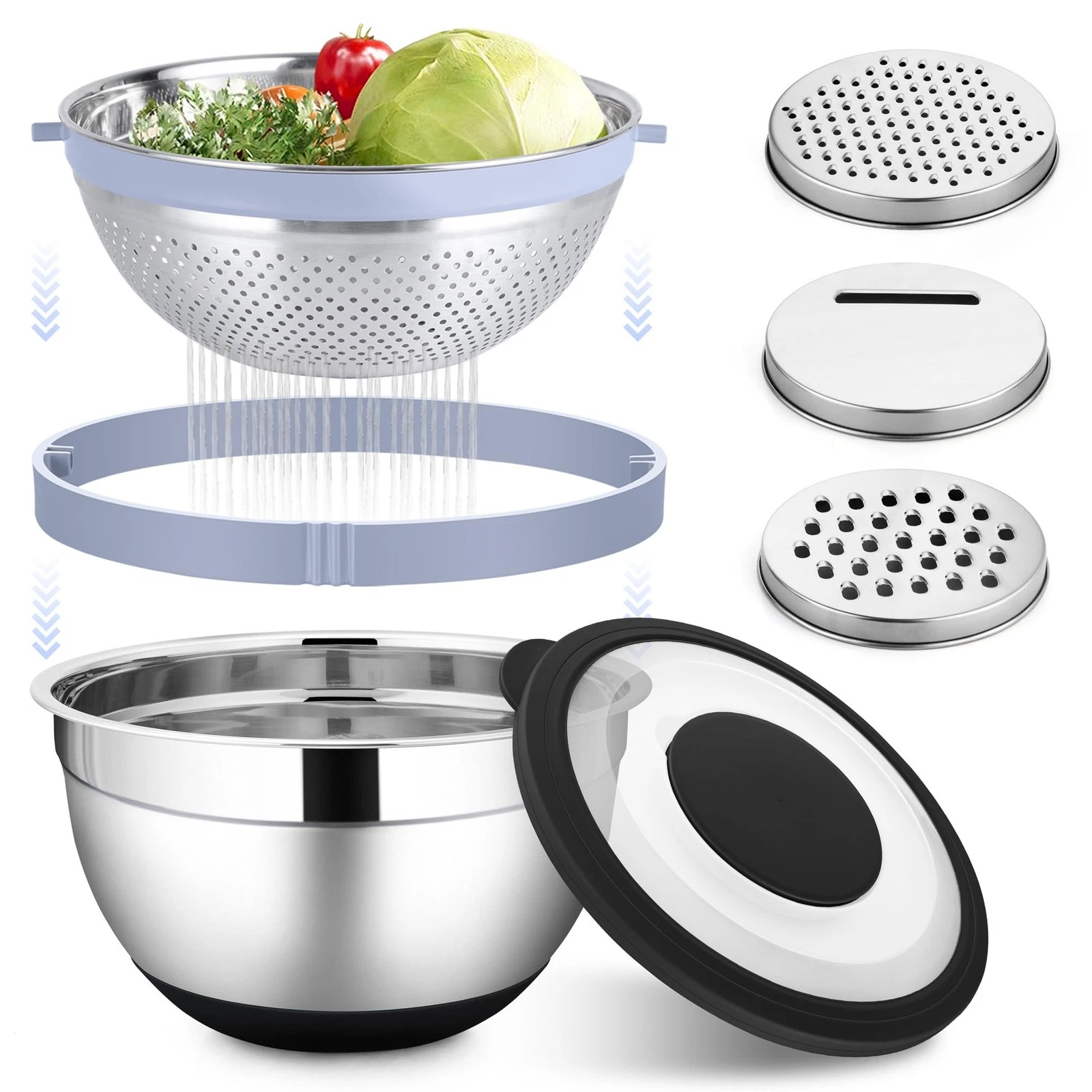 Mixing Bowl with Colander, 4-1 Stainless Steel Bowl Set with Lids & 3 Pcs Nes...