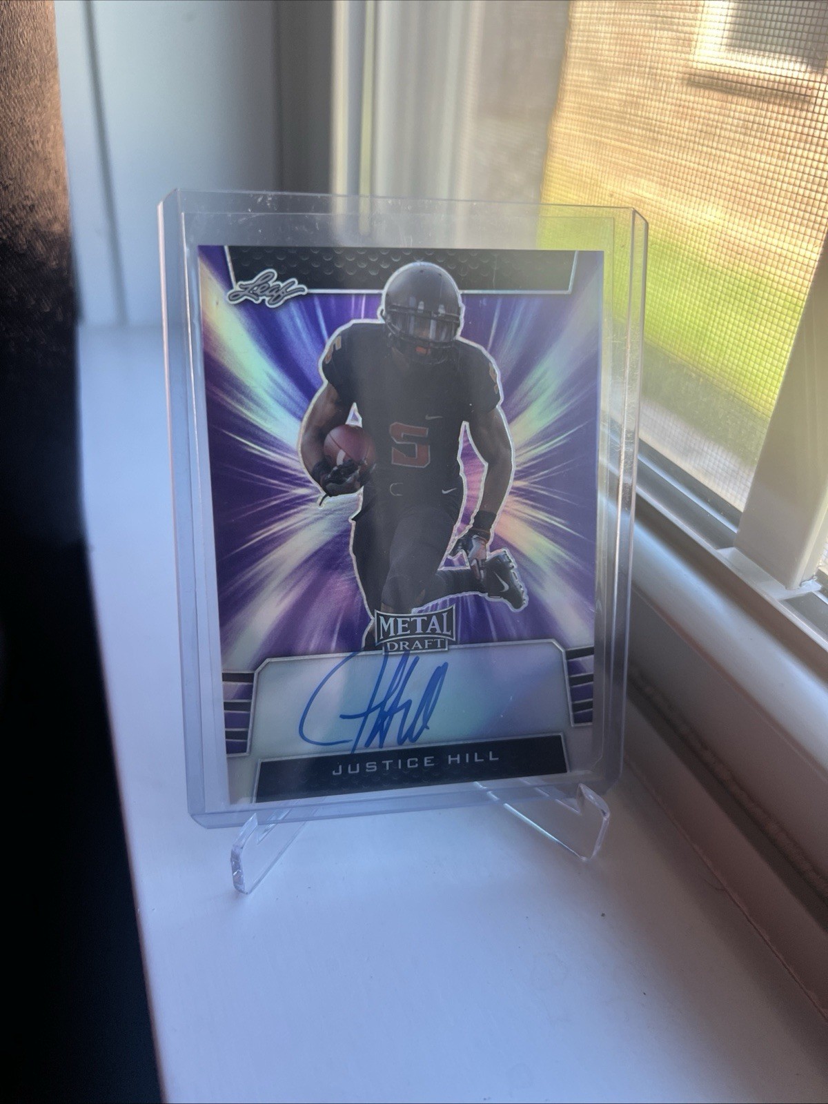 JUSTICE HILL 4/25 PURPLE ROOKIE CARD RC AUTO LEAF METAL DRAFT 2019
