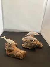 John Perry Sculptures Dolphin Statues Driftwood Bases Pair Nautical Art Decor