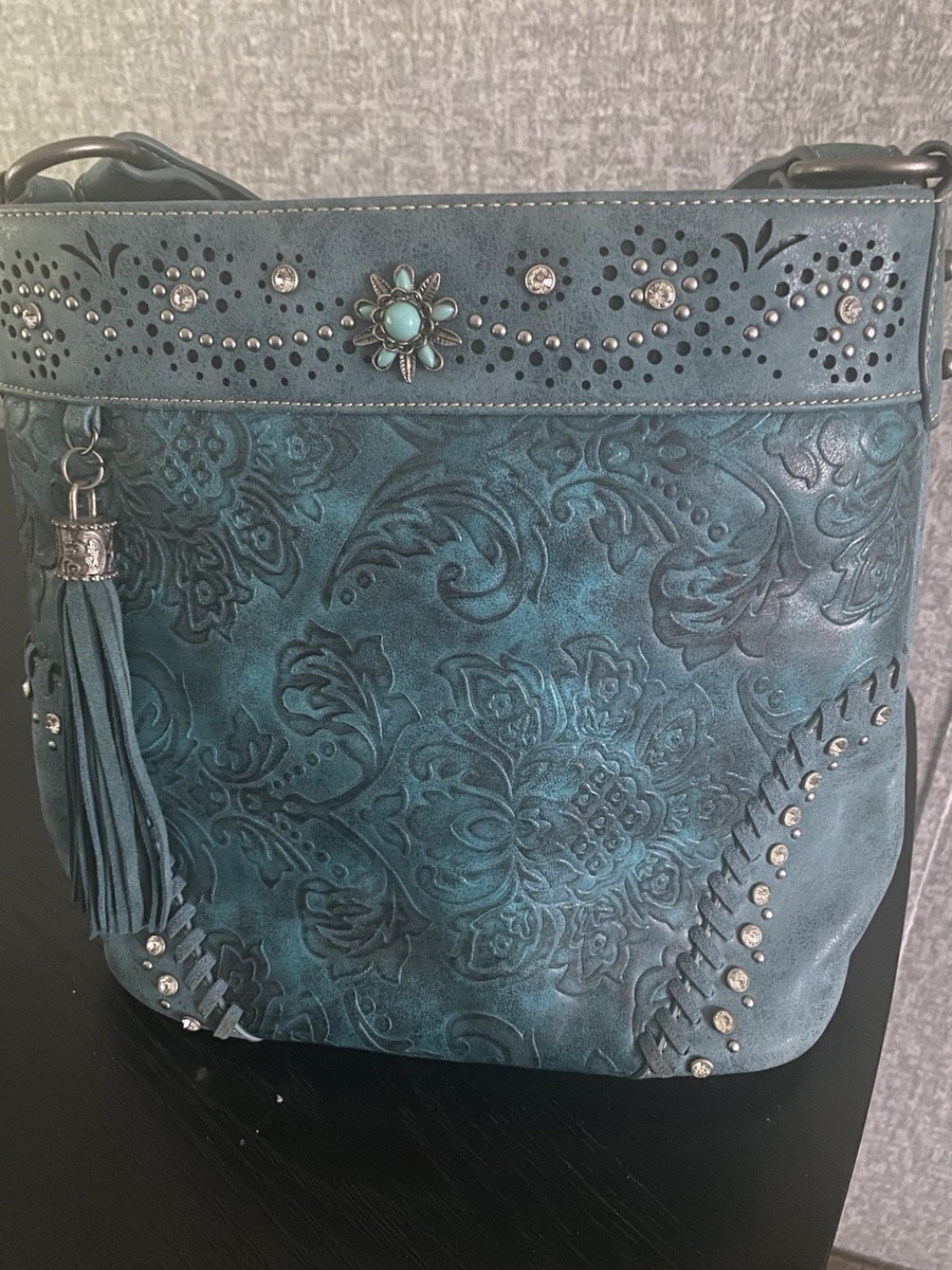 Montana West Turquoise Floral Embossed & Brown Beaded Backpack MW1256-9110 Montana West Floral Embroidered Collection  main image 4