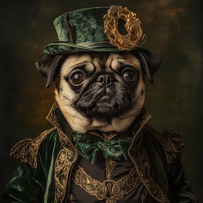 Pug dressed in a rich, ornate outfit reminiscent of traditional European attire.