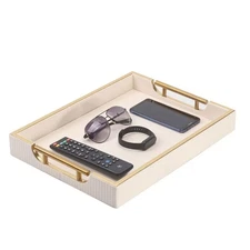 Wooden Structure Leather Decorative Tray With Brushed Champagne Gold Handle -...