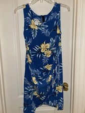 Two Palms Hawaii Midnight Blue Honi Hawaiian Dress yellow white orchid floral S