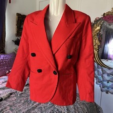 Vintage 90s Bright Red Double Breasted Wool Blazer Black Buttons M Suit Jacket