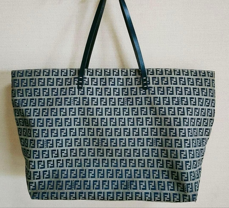 Fendi Zucchino Canvas Navy Tote Bag Authentic Large Capacity Fashion Bag