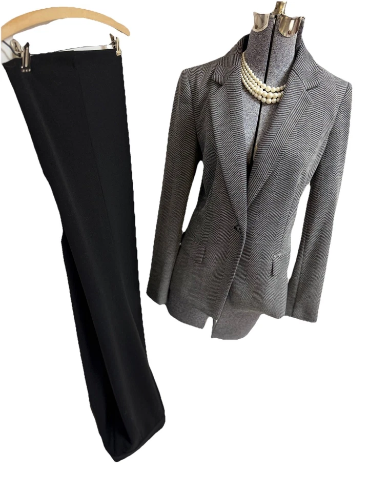 NEW DKNY Pant Suit Size 8 Two Piece Set Modern Herringbone Pockets Full Length - Image 2 of 4
