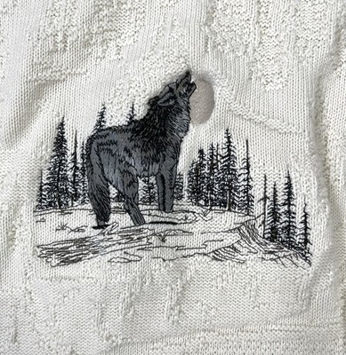 Vtg Fieldmaster Sweater Ivory Chucky Forest Embossed Howling Wolf USA Man s 2XLT