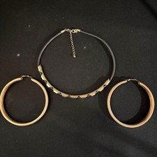 Choker Necklace Set Gold Tone Geometric Black Choker Hoop Earrings Set Womens