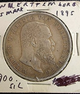 1895-F Germany Wuerttemberg Wilhelm II 5 Marks XF Rare 90% Silver Coin