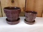 2 Vintage 1950's McCoy USA Pottery Basket Weave Purple Glaze Planters w/Saucers