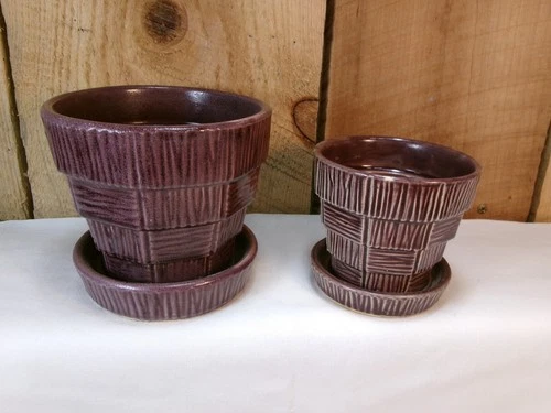 2 Vintage 1950's McCoy USA Pottery Basket Weave Purple Glaze Planters w/Saucers