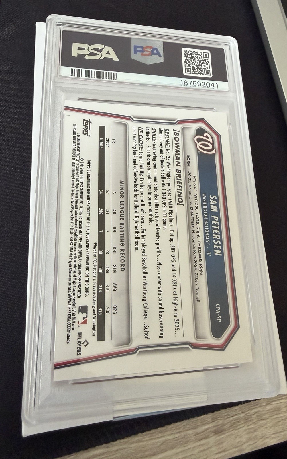 Topps Bowman 2026 Nationals Sam Petersen Orange AUTO X-Fractor NUMBERED /25 PSA9 view 2