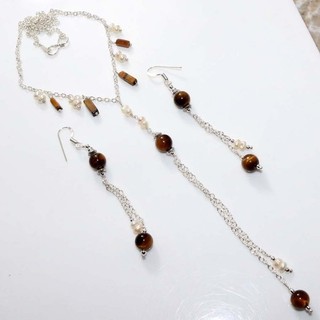Large Beaded Tiger Eye Pearl 925 Silver Plated Necklace Earrings Set 18|3.3" GW