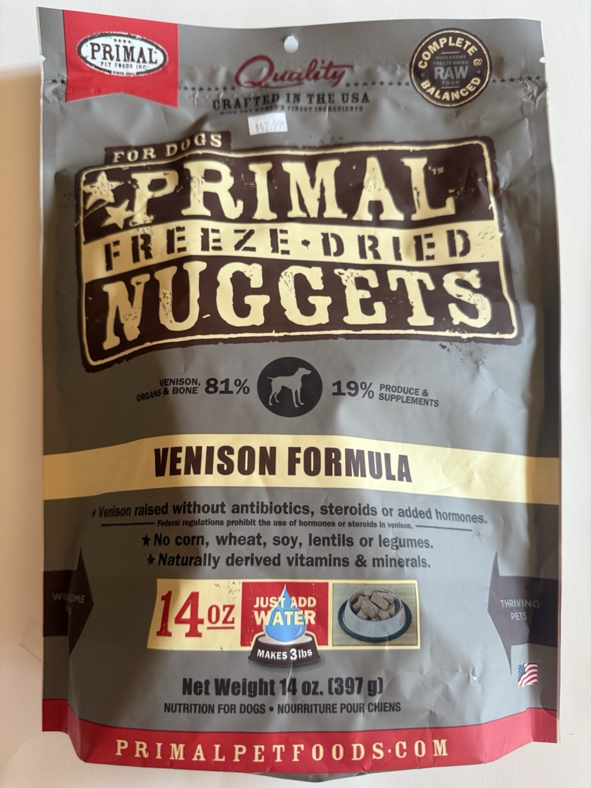 14oz Primal Dog Freeze Dried Nuggets Venison Best By 12/2025
