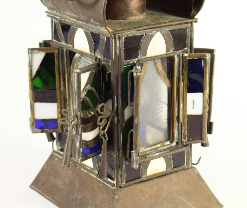 Antigua lámpara vela con cierre Arts-N-Crafts linterna vitral NEOGÓTICA Foto 2 de 4