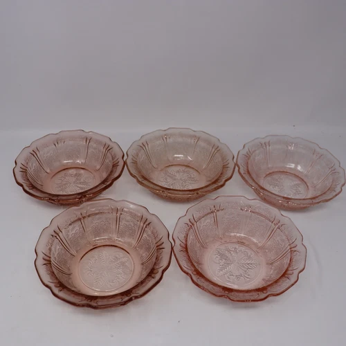 Jeannette Pink Depression Glass Cherry Blossom CEREAL BOWLS - Set Of 5- Vintage