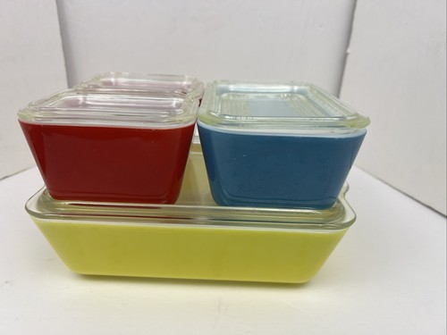 Vintage Pyrex Primary Colors 4 Pc Complete Set Refrigerator Dishes With Lids - Picture 20 of 20