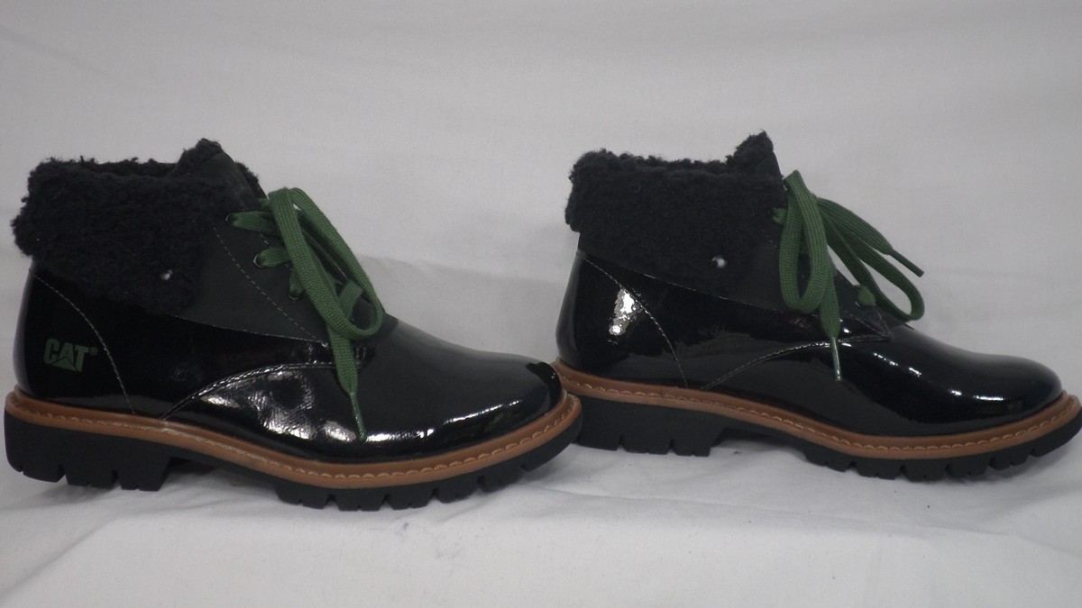CAT Footwear Black Patent Leather Faux Fur Lined Lace-Up Ankle Boot Size  M