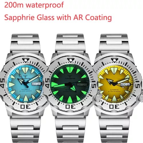 20ATM Tandorio Monster Watch Gradient Sky Blue Yellow NH36A Men Sapphrie Glass