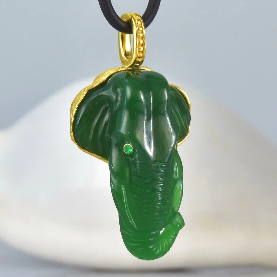Gold Vermeil Sterling Smaragd Grün Chalzedon Asiatisch Elefant Anhänger 10.42 G - Bild 3 von 4