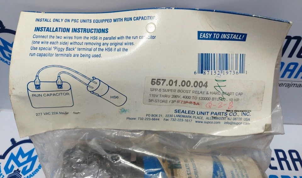 Supco HS6 Hard Start Solid State Relay and Hard Start Capacitor 277 VAC 22A MAX - Image 2 of 4