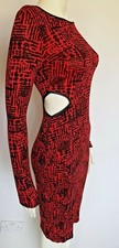 Ribbon Long Sleeves Cut Out Red/Black Bodycon Mid Long Red Dress size 6
