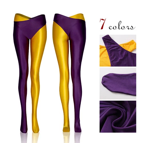 Women Shiny Glossy Seperated 2 Legs Pantyhose Open Crotch Sports Yoga Stockings - Picture 5 of 27