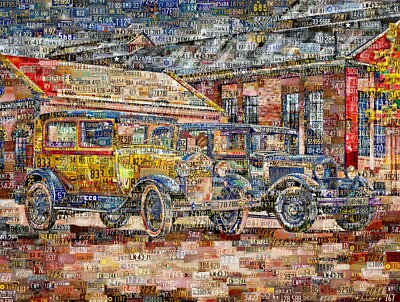 Art Collage Poster Old America Old Fords Made Out Of Car License Plates