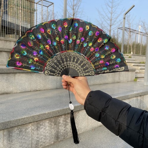 Peacock Feather Folding Fan Chinese Japanese Sequins Embroidery Handheld Retro - Picture 9 of 16