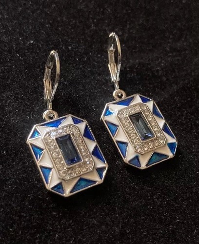 Square Silver Blue Sapphire Lab-Created Gemstone Earrings Dangle Drop 1” Inch - 第 1/9 張圖片