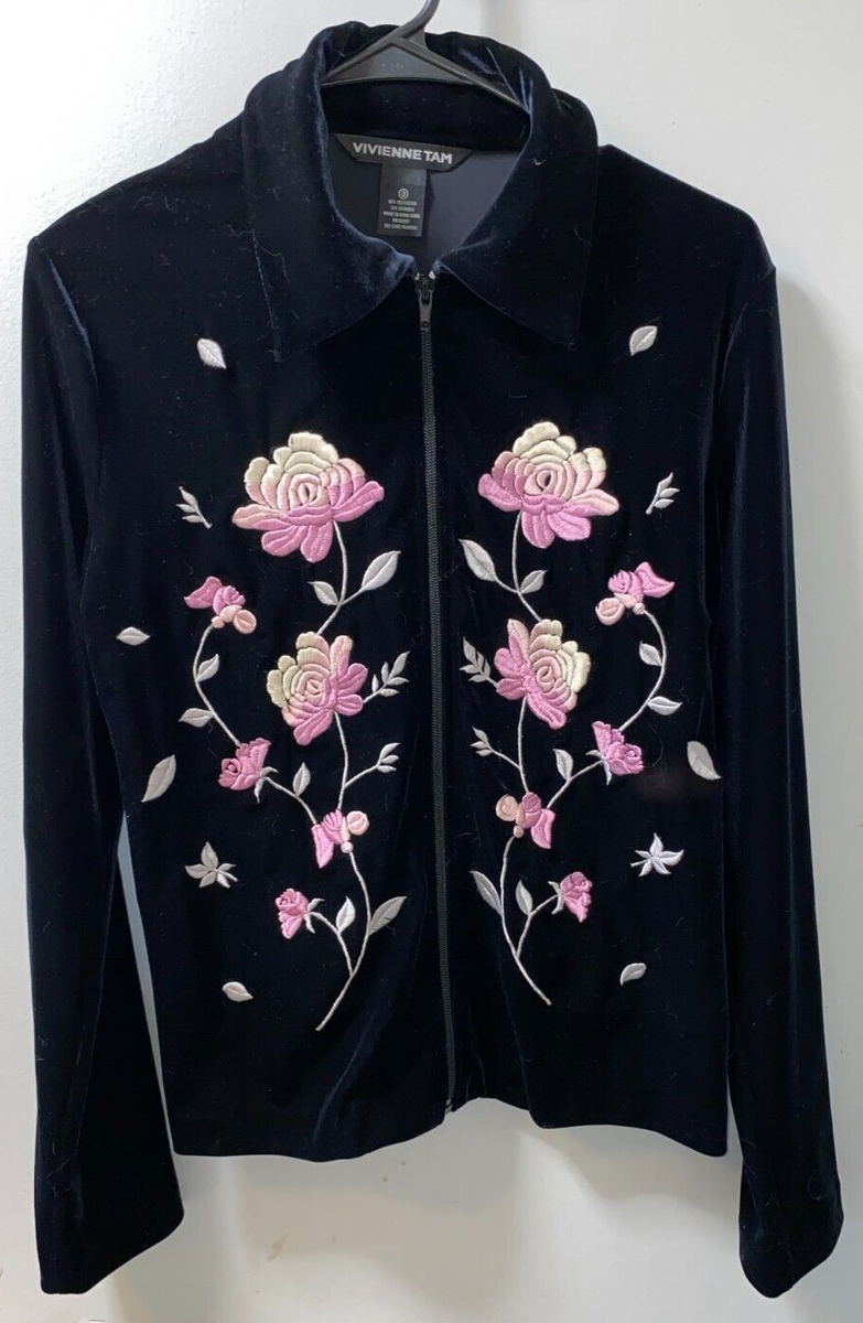 WOMENS VIVIENNE TAM BLACK EMBROIDERED FLORAL ZIP VELVETEEN WOMENS VIVIENNE TAM BLACK EMBROIDERED FLORAL ZIP VELVETEEN