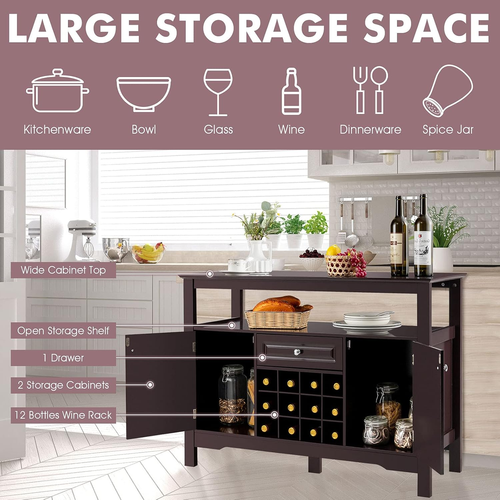 Wood Wine Cabinet, Sideboard Table with Drawer and Cupboards, Wine Bar Console T - Picture 4 of 12