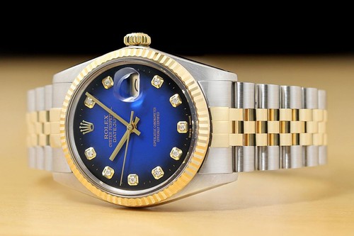 ROLEX MENS DATEJUST 16013 BLUE VIGNETTE DIAMOND DIAL 18K YELLOW GOLD STEEL WATCH - Picture 2 of 9