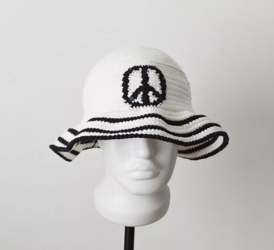 Crochet bucket hat embroidered peace symbol Black white knitted fisherman  hat