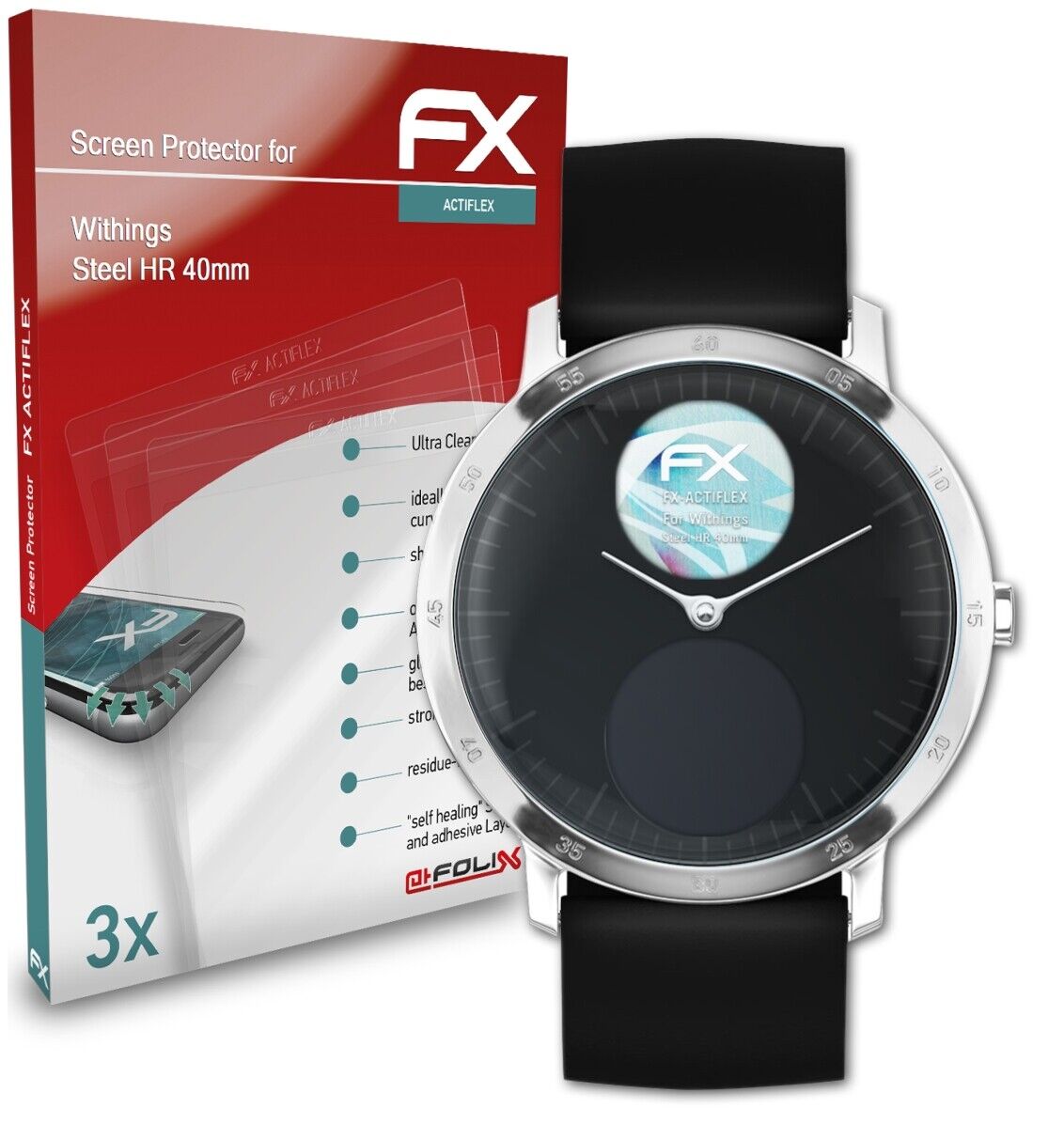 atFoliX 3x Folie für Withings Steel HR 40mm Schutzfolie klarflexibel