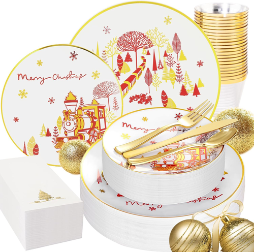 175Pcs Christmas Plastic Plates - White Red Disposable Plates - Christmas Train