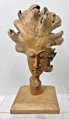 Folk Art Hand Carved Medusa Wood Burl Knot Face Carving on Stand 8 1/4'' Tall