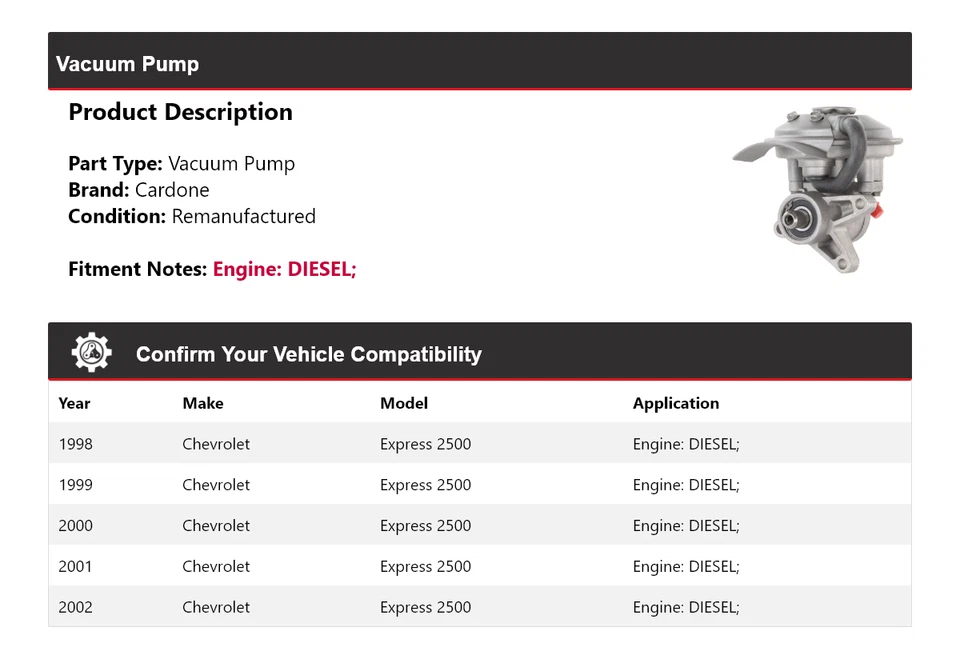 Bomba de vacío diésel Cardone 1999 2000 2001 para Chevrolet Express 2500 1998-2002 Foto 2 de 4