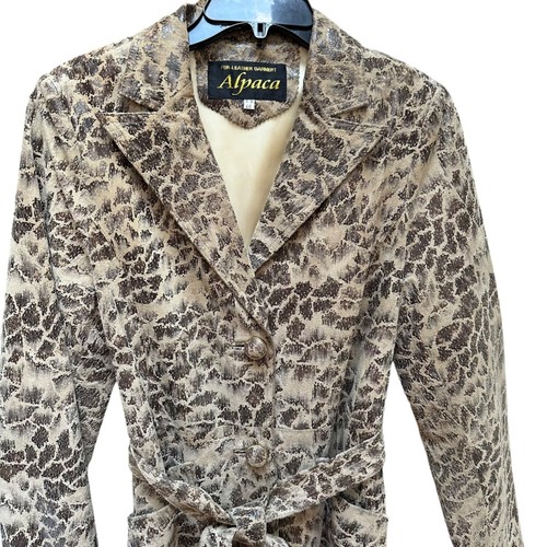Alpaca Trench Coat Animal Print Vegan Leather Belted Waist Mob Wife Medium - Picture 2 of 14