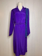 Vintage Dress Willi Of California 80s 90s Shoulder Pads Purple Belted USA Scarf