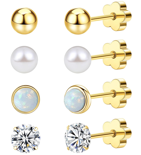 4Pairs Flat Back Earrings for Women 14K Gold Hypoallergenic Cartilage Earring fo