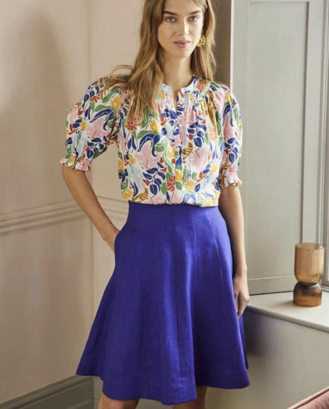 Boden Panelled Linen Mini Skirt Ocean Blue Size 2 New 100% Linen