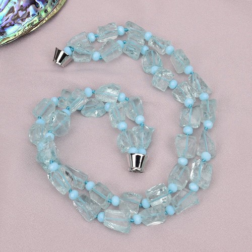 18'' 2 Rows Aquamarine Blue Natural Glass Quartz Rough Nugget Crystal Necklace - Picture 4 of 8