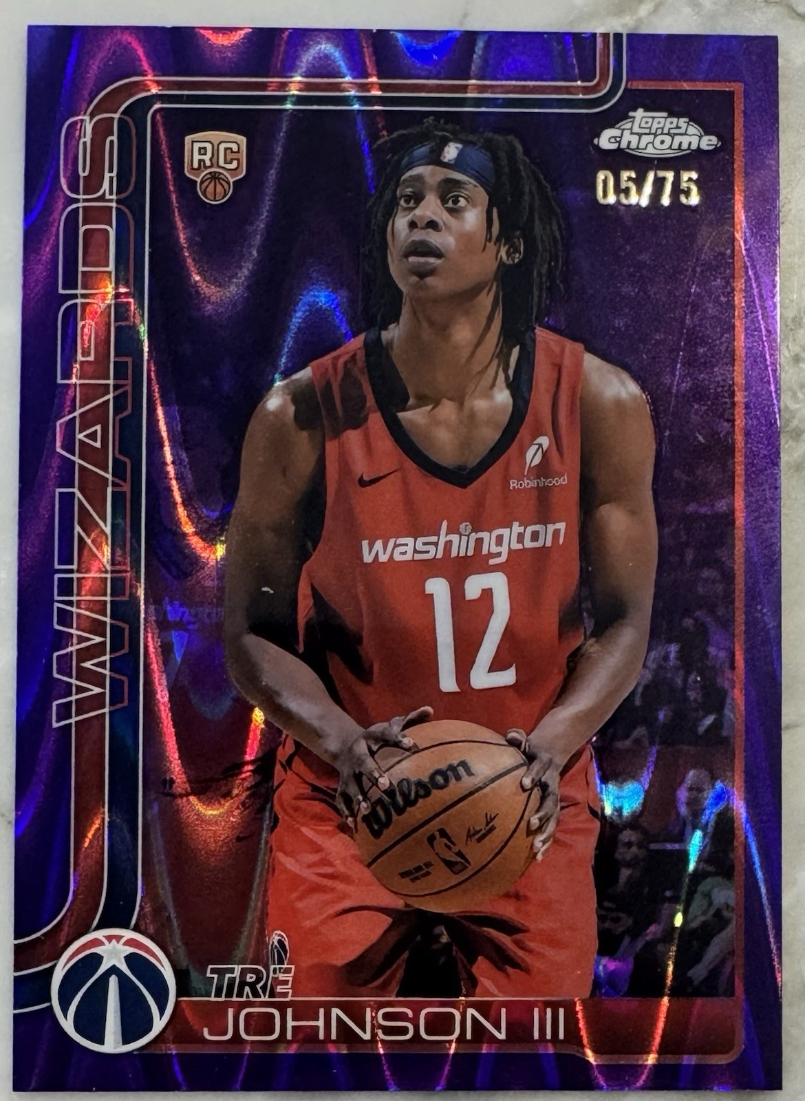 2025-26 Topps Chrome Tre Johnson III #256 RayWave Purple 05 /75 RC Rookie Card