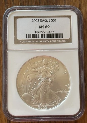 2002 Silver Eagle S$1 MS69 Brown Label NGC MS 69