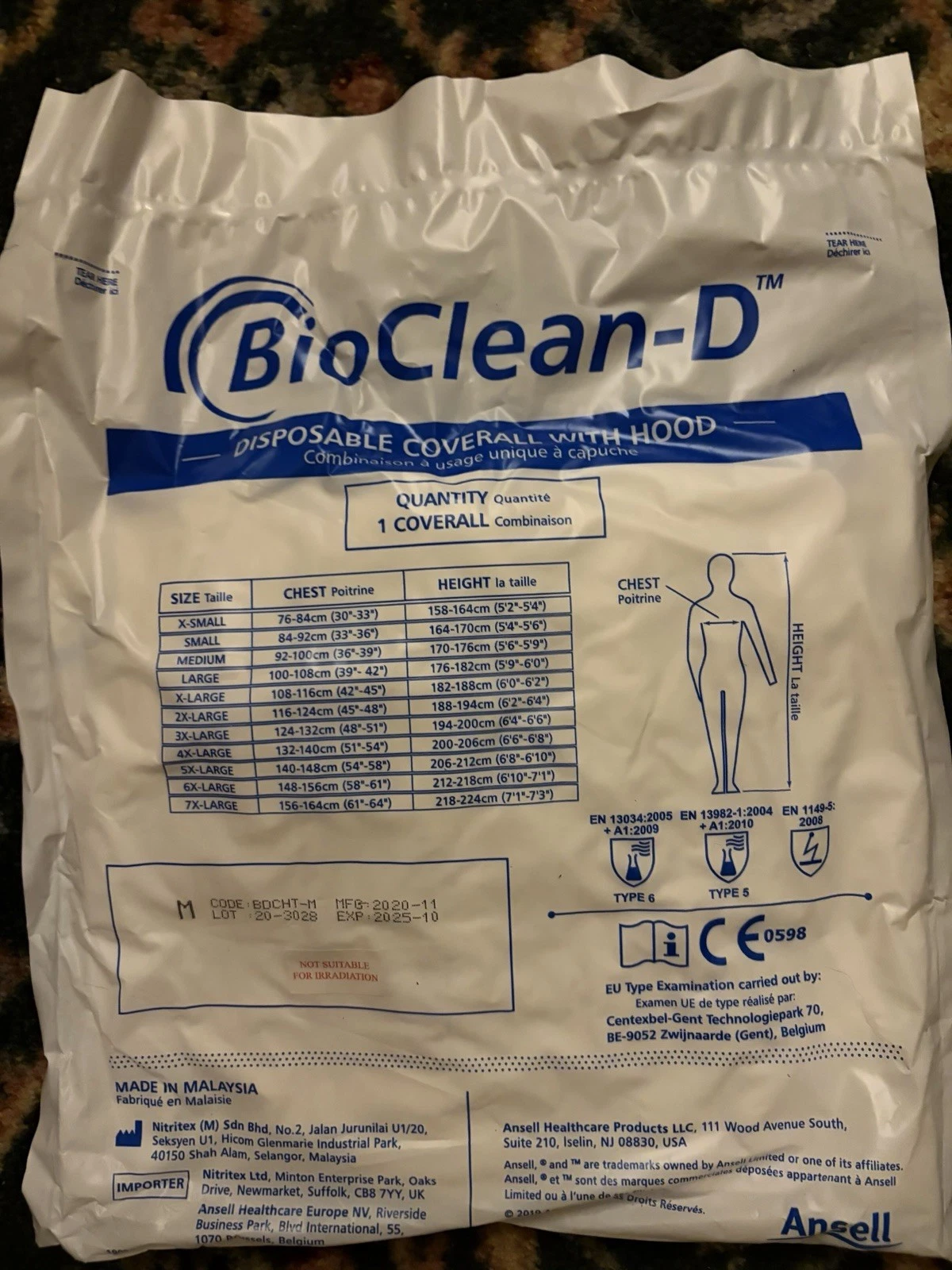 10PK Disposable Coveralls SIZE M (Non-Sterile) Ansell BioClean #BDCHT-M *READ* - product detail image 6