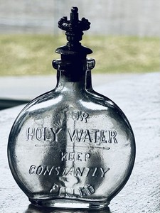 Antique Holy Water Embossed WIth Cross Clear Glass Bottle Old Vintage w/ Lid