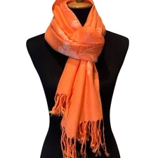 New Embroidered Orange Floral Fringed Lightweight Pashmina Shawl Wrap Scarf